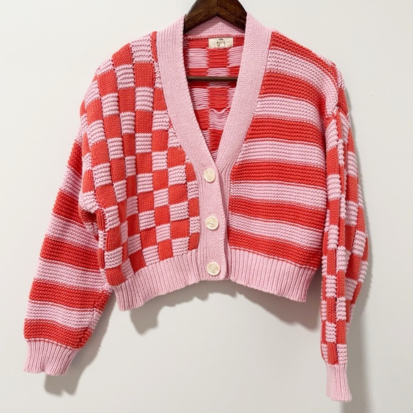 entro Sweaters - entro Pink and Red Cropped Button-Up Knit Cardigan